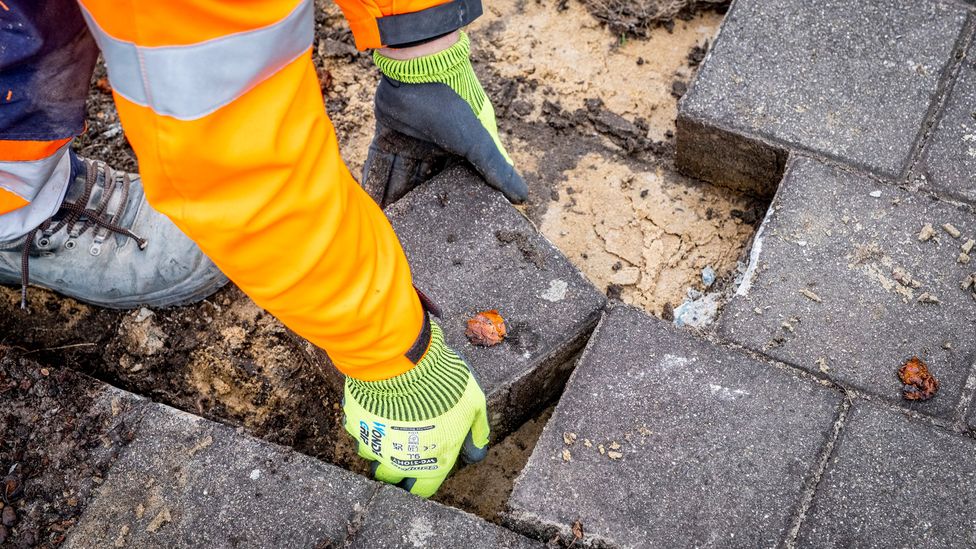 Workers depave a stretch of concrete in Leuven, Belgium