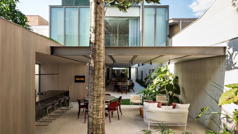 Studio AG's geometric LRM House in São Paulo is light-filled with an open-plan living area (Credit: Fran Parente)