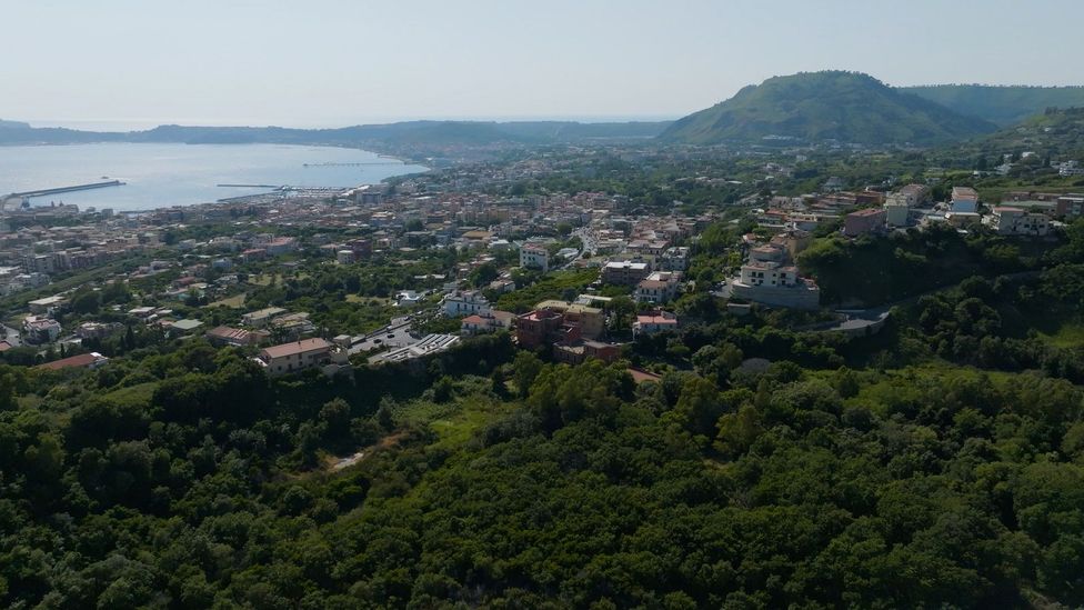 The Campi Flegrei caldera takes up much of the bay in Naples, as well as volcanic features on land like the cone of Monte Nuevo (right) (Credit: Pomona Pictures)