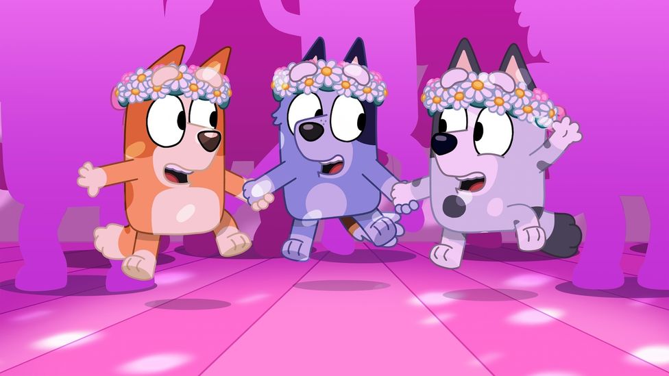 Bluey's sister Bingo and their cousins Muffin and Socks are flower girls at the wedding of Rad and Frisky (Credit: Ludo Studio)