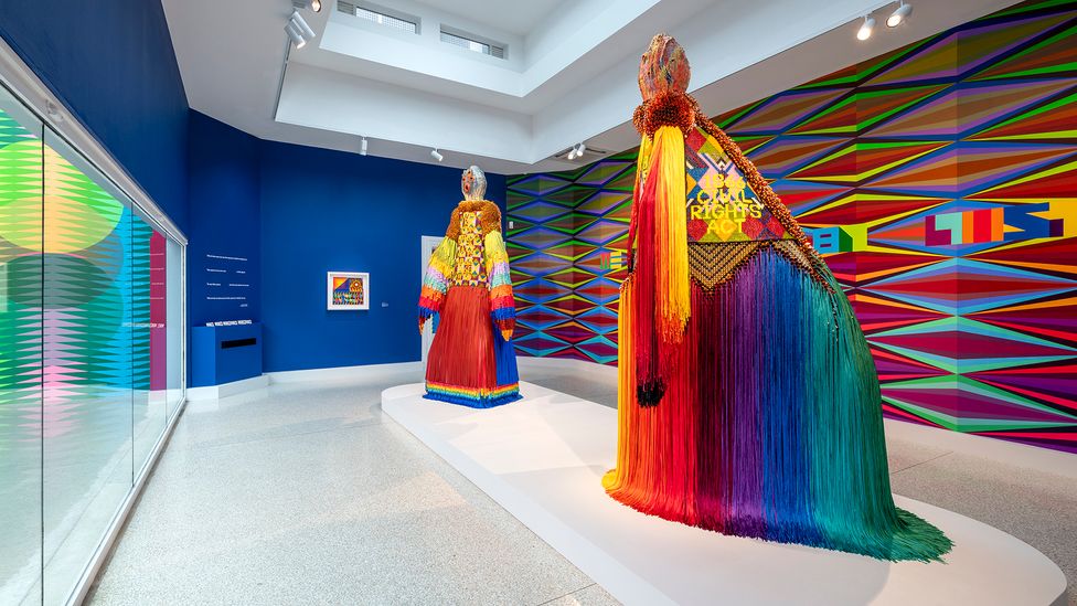 An installation view of Gibson's exhibition, which showcases his painting, sculpture, video and mural work (Credit: Timothy Schenck)
