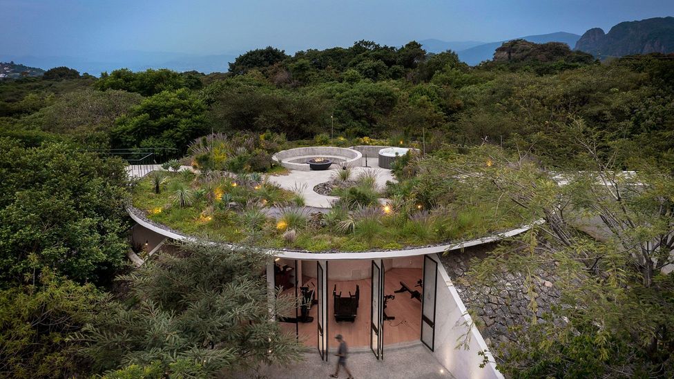 The roof of a private spa in the Morelos forest, Mexico, is a giant dish that captures rainwater to be filtered into underground cisterns (Credit: Soler Orozco Arquitectos + JSA)