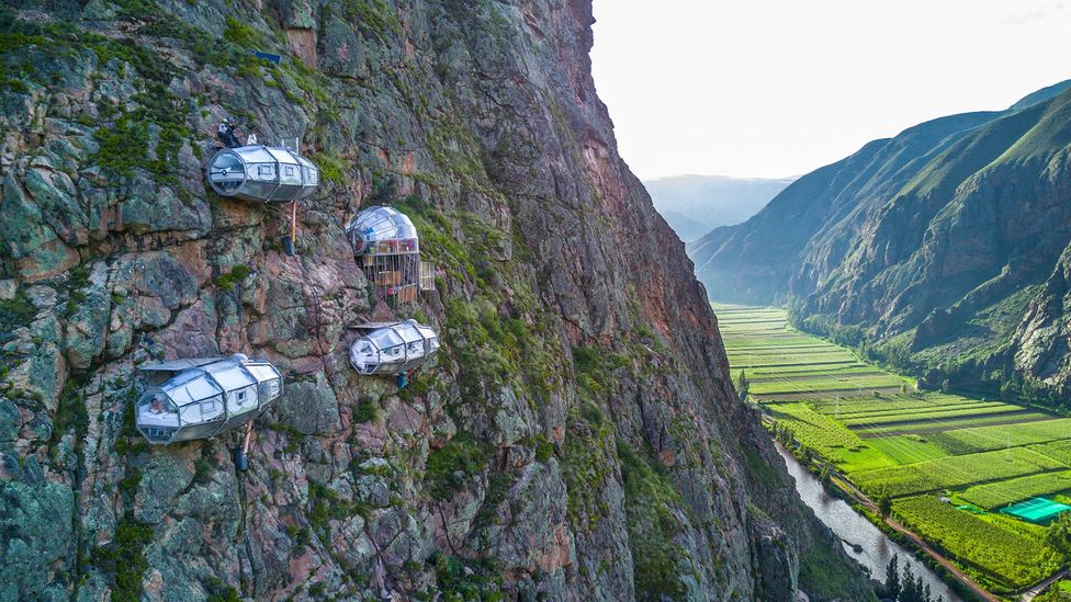 Sleeping pods on cliff face above Peru's Sacred Valley (Credit: Natura Vive)