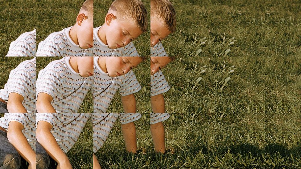 A boy sitting on grass, segmented as if by time (Credit: Edouard Taufenbach and Bastien Pourtout)