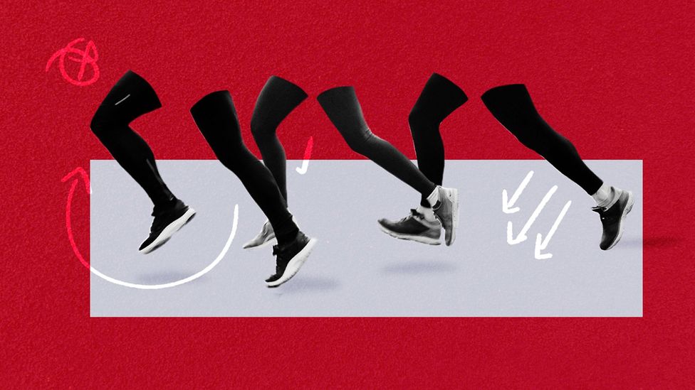 Art of three pairs of runners' legs, against a red background with gray rectangle (Credit: Serenity Strull/ BBC/ Getty Images)