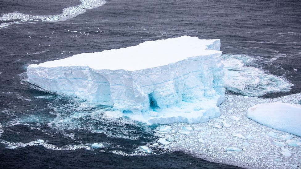 Layers of fresh and brackish water forming around iceberg A-68 and its "bergy" offspring created a habitat for algae and plankton to thrive (Credit: Cpl Phil Dye/RAF) Layers of fresh and brackish water forming around iceberg A-68 and its "bergy" offspring created a habitat for algae and plankton to thrive (Credit: Cpl Phil Dye/RAF)