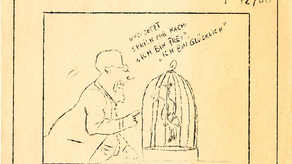 A cover of East Germany's 1988 clandestine Grenzfall magazine, with a man telling a parrot: "And now repeat after me: I am free. I am happy" (Credit: Robert-Havemann-Gesellschaft) A cover of East Germany's 1988 clandestine Grenzfall magazine, with a man telling a parrot: "And now repeat after me: I am free. I am happy" (Credit: Robert-Havemann-Gesellschaft)