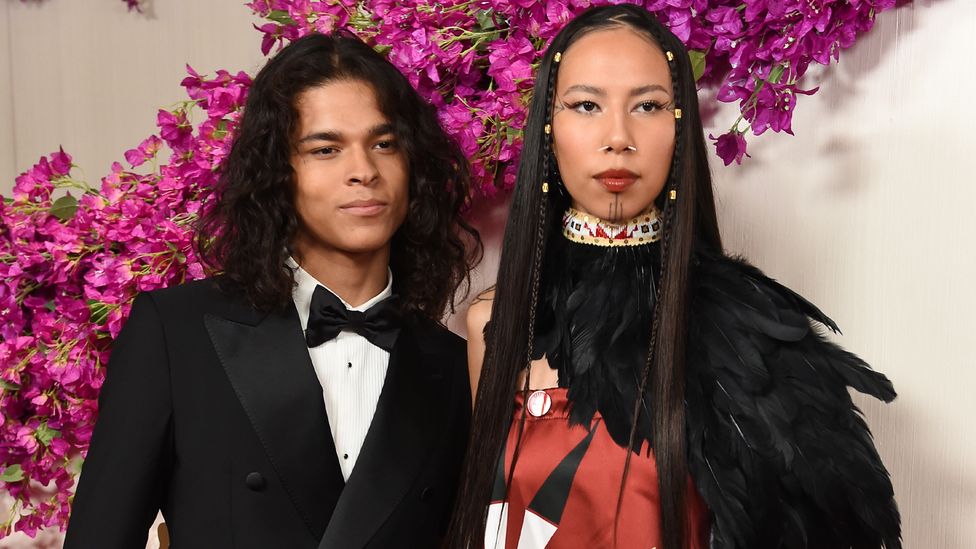 Chasing Horse with actor Defarao Unatai at this year's Oscars ceremony – the two co-starred in the TV series Reservation Dogs (Credit: Getty Images)