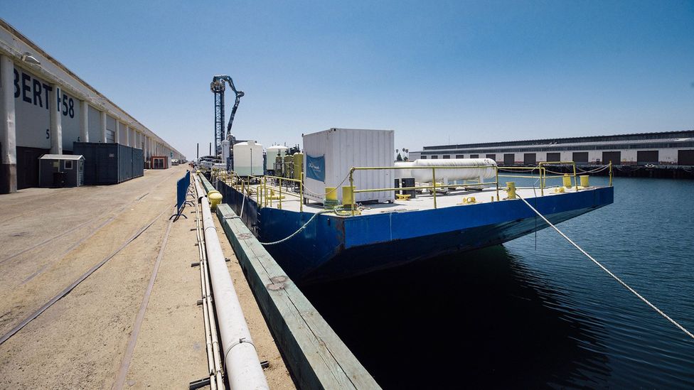 Equatic's pilot plant sits on a barge in the Port of Los Angeles (Credit: Equatic)