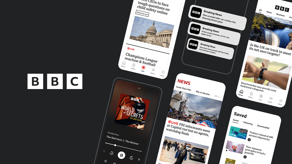 A composite image featuring the ѿý logo on a black background, and screenshots of the ѿý app, including showing news, features, podcasts and push notifications