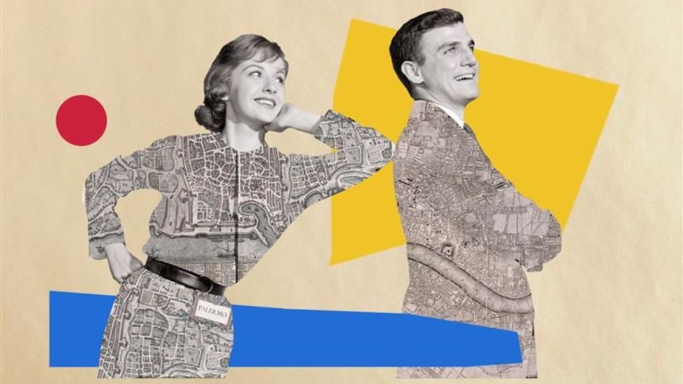 A collage of a man looking at a woman, both of their outfits are black and white maps to reflect that they are from different countries, with a red, blue and yellow background (Credit: Javier Hirschfeld/ BBC)