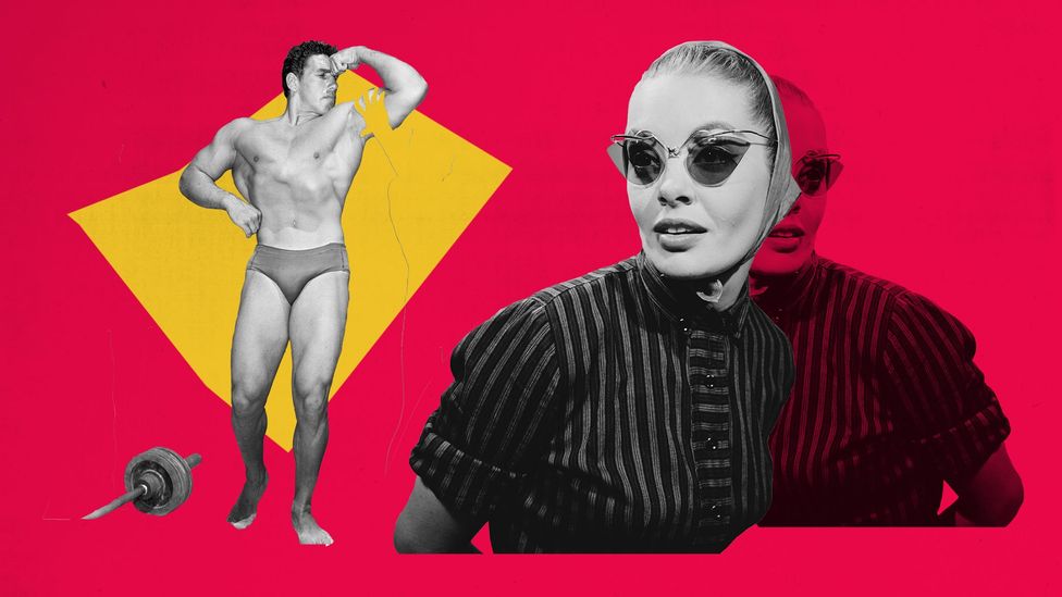 Collage of a woman wearing dark glasses looking in two different directions and a male weight lifter flexing his muscles. Both images are in black and white with a bright red background and a yellow square behind the man (Credit: Javier Hirschfeld/ Getty Images)