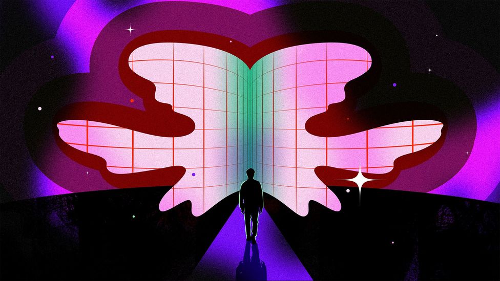 Illustration of a silhouetted person looking at a digital Rorschach inkblot (Credit: Estudio Santa Rita)