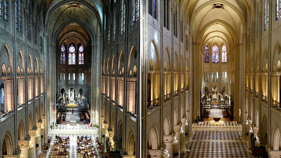 The stonework inside the cathedral is noticeably cleaner in 2024 after it was given a latex facemask compared to in 2017 (left) before the fire (Credit: Getty Images) The stonework inside the cathedral is noticeably cleaner in 2024 after it was given a latex facemask compared to in 2017 (left) before the fire (Credit: Getty Images)