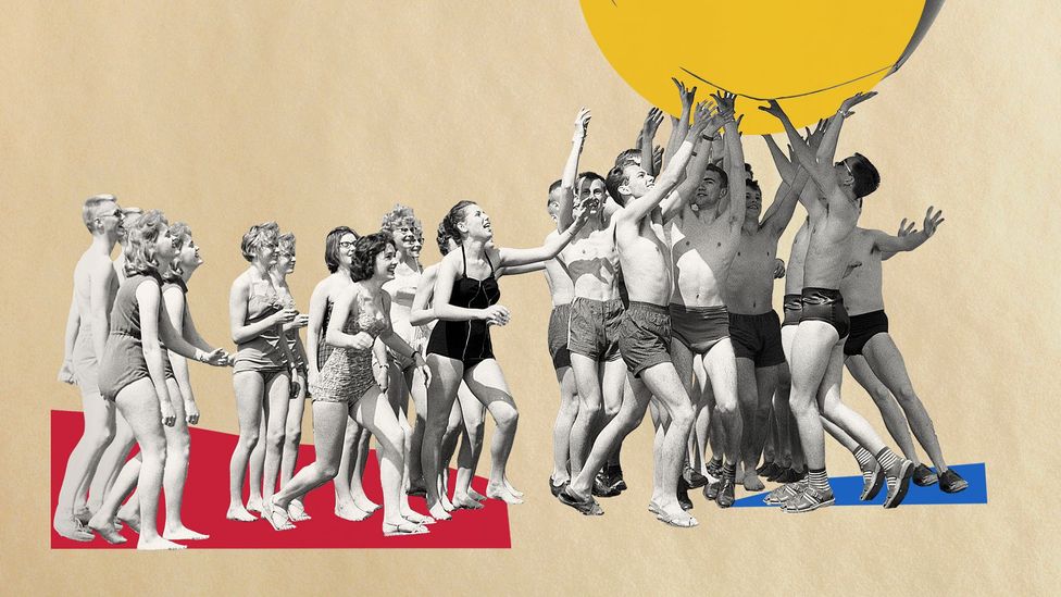 A collage which shows black and white clippings of a group of women wearing swimming costumes looking on at a group of men in swimming trunks collectively lifting something up against a red, blue and yellow background (Credit: Javier Hirschfeld)