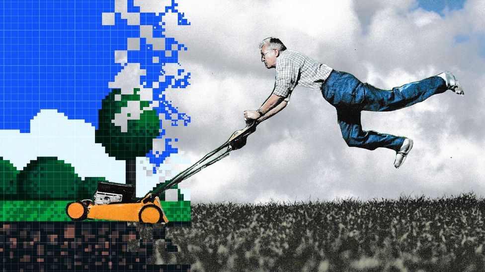 Illustration of a man pushing a lawnmower into an area that is a pixellated like an early computer graphic (Credit: Serenity Strull/BBC/Getty Images)