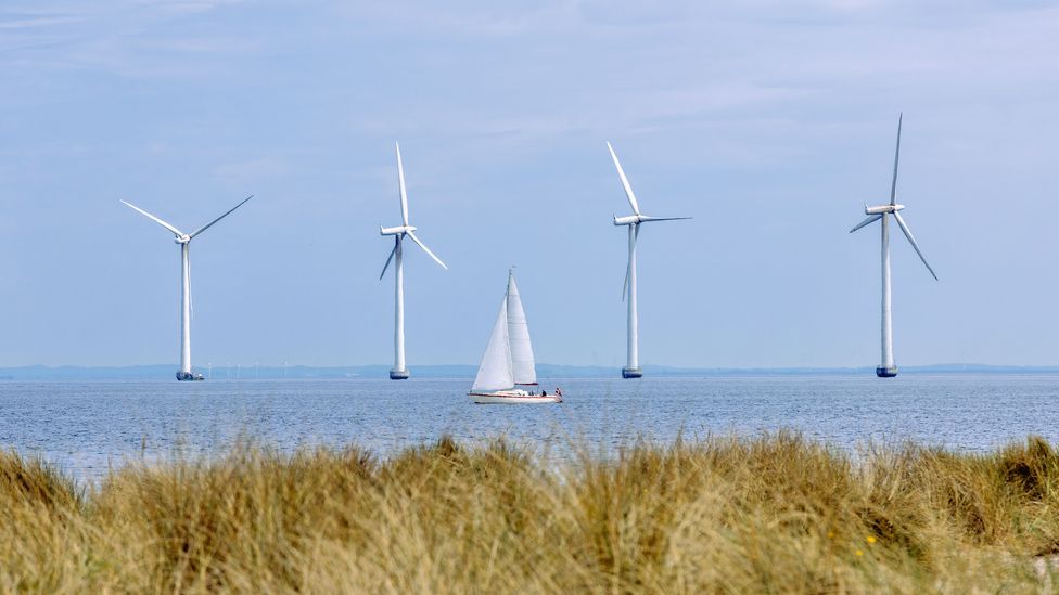 A sailing boat travels past an offshore wind farm (Credit: Getty Images)