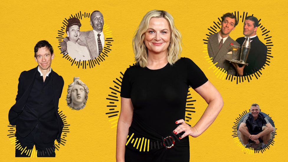 A composite of podcast subjects and hosts, including Rory Stewart, Charlie and Sarah Fitzgerald, Amy Poehler, Hugh Laurie and Stephen Fry, and Dom Phillips (Credit: Javier Hirschfeld/ Getty Images)