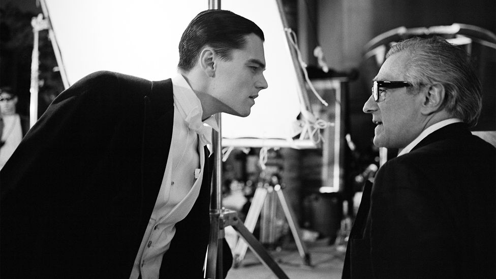 Scorsese with star Leonardo DiCaprio on the set of The Aviator (2004) (Credit: Apple TV+)