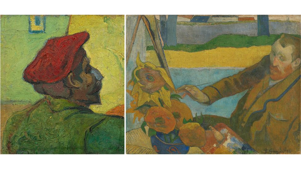 Van Gogh's Man in a Red Beret, 1888, and Gauguin's The Painter of Sunflowers (Credit: Van Gogh Museum, Amsterdam) Van Gogh's Man in a Red Beret, 1888, and Gauguin's The Painter of Sunflowers (Credit: Van Gogh Museum, Amsterdam)