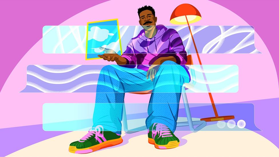 Brightly coloured illustration of a man sitting down gesturing with his hand while talking and chatbot windows overlayed on the scene (Credit: Estudio Santa Rita)