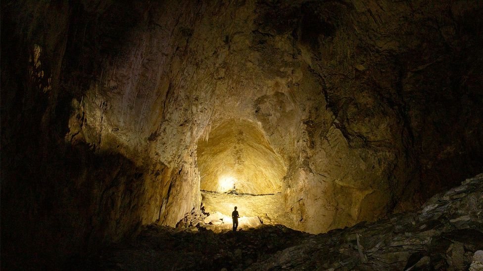 Silhouetted researchers Erik Trampe and Nadia Nord stand inside the Carlsbad Caverns, New Mexico (Credit: Lars Behrendt)