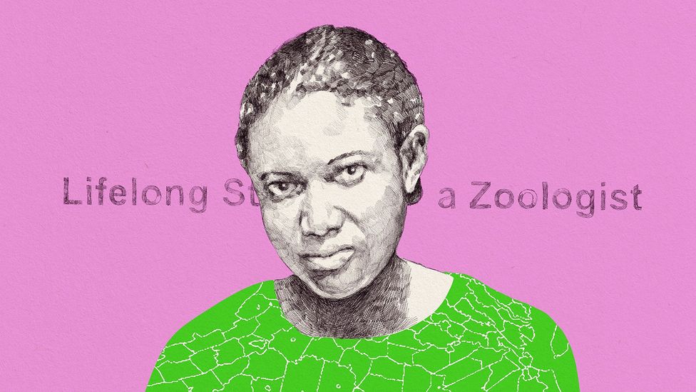 Portrait of a young black woman stylised with a green patterned shirt against a pink background with the words "Lifelong Story of a Zoologist" (Credit: Emmanuel Lafont)