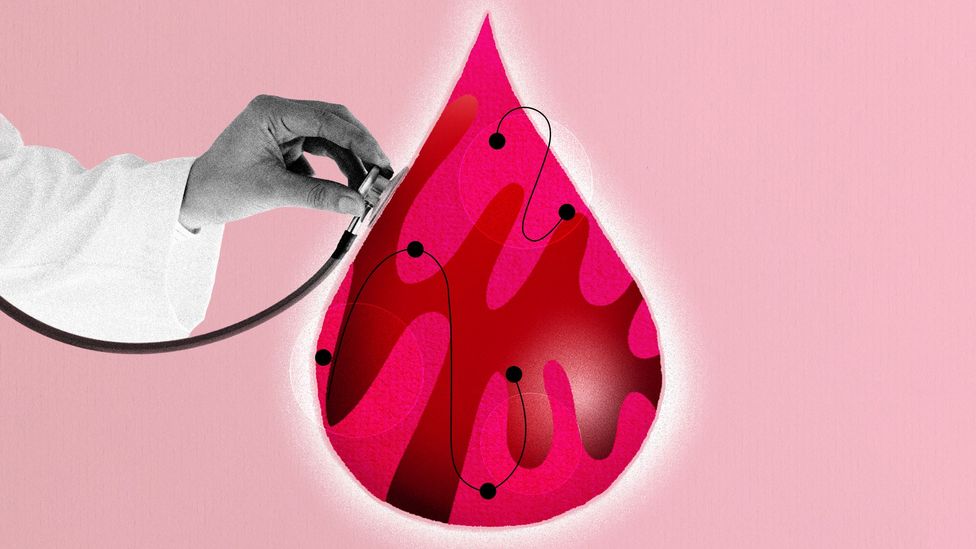 Illustration of doctor holding stethoscope on giant drop of blood (Credit: Serenity Strull/ BBC)