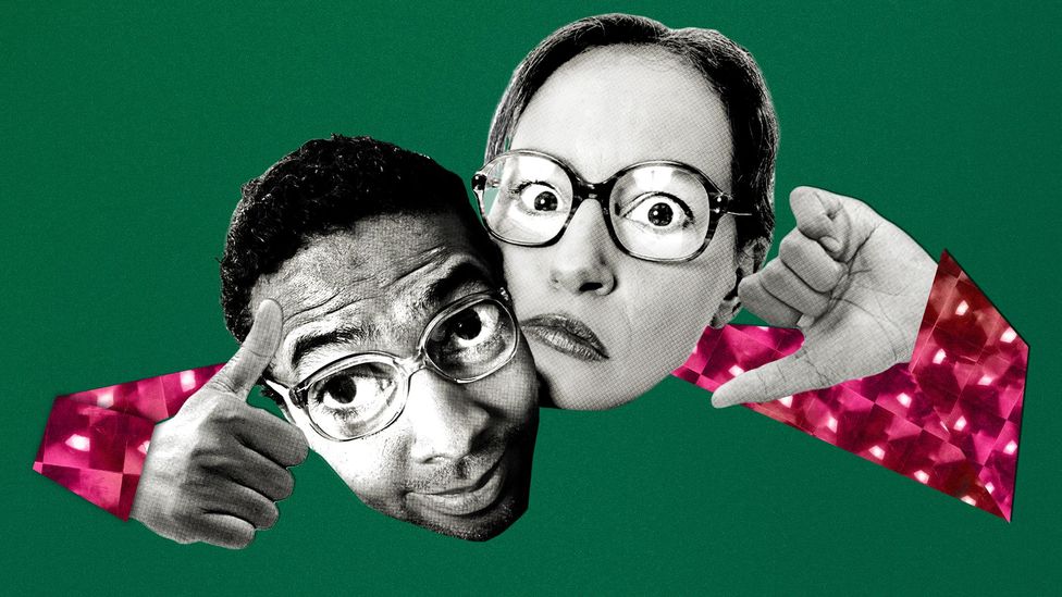 The faces of a man and a woman side-by-side, with the man smiling and making a thumbs up and the woman frowning abd making a thumbs down, against a green background (Credit: Serenity Strull/ BBC/ Getty Images)