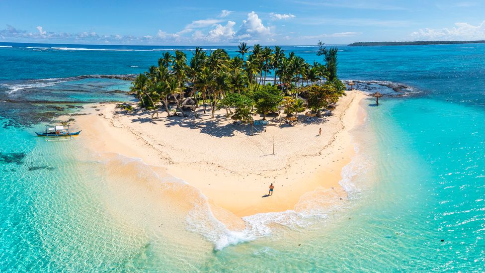 Aerial view of a tiny tropical sand island surrounded by shallow turquoise water and lined with palm trees (Credit: Getty Images)