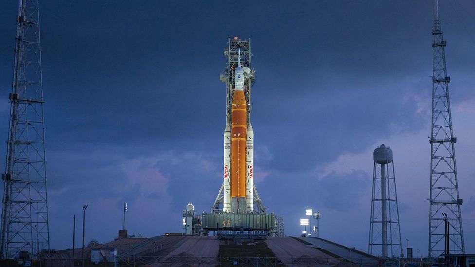 The 322-foot-tall Artemis II Space Launch System rocket and Orion spacecraft at the launch complex at Kennedy Space Centre (Credit: Getty Images)