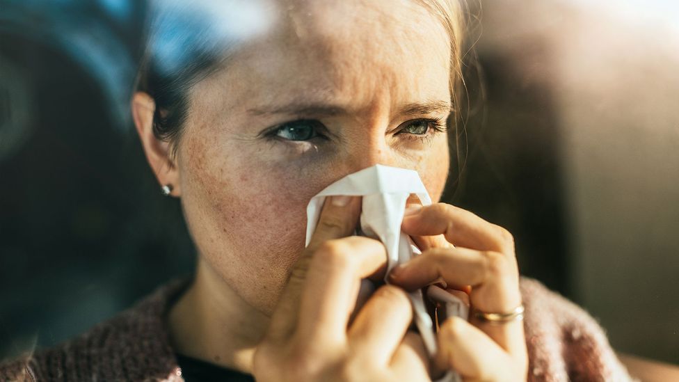 A woman holding a tissue to her nose (Credit: Getty images)