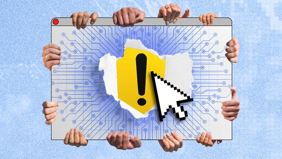 Several hands hold a computer window as a mouse clicks am exclamation point warning sigh (Credit: Serenity Strull/BBC)