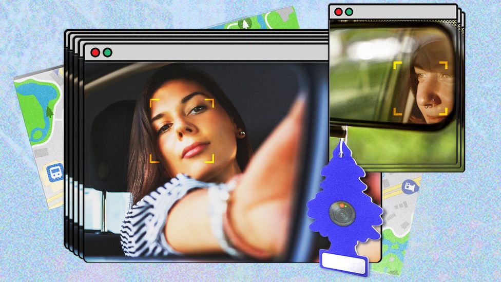A collage which shows two internet windows. Two women sit in the front seats of cars and a scanner can be seen on their face, next to a car air freshener (Credit: Serenity Strull / Getty Images)