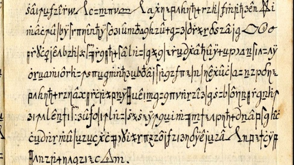 An encrypted page from the Copiale cipher covered in handwritten symbols and letters (Credit: Beáta Megyesi)