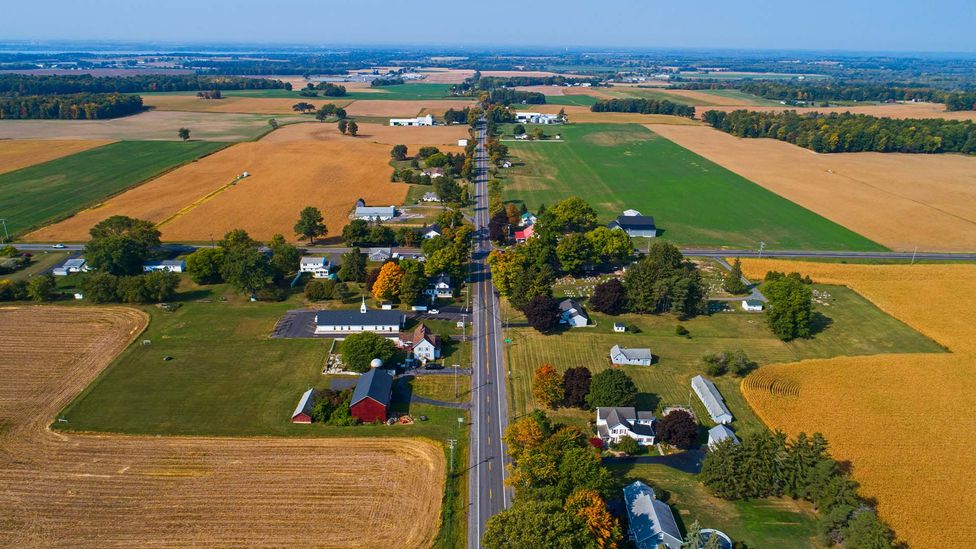 This aerial image of land in Ohio, situated along a main road surrounded by agricultural fields (Credit: Getty Images)