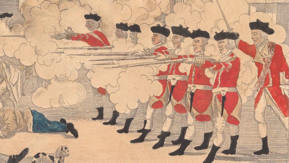 Crop of The Bloody Massacre perpetrated in King Street, Boston on March 5,1770 by a party of the 29th Regiment (Credit: The Metropolitan Museum of Art, New York/ Gift of Mrs Russell Sage)