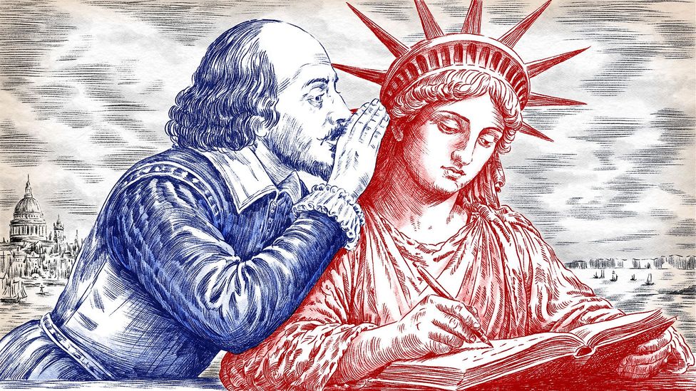 An illustration depicting William Shakespeare whispering into the ear of the Statue of Liberty (Credit: Emmanuel Lafont)