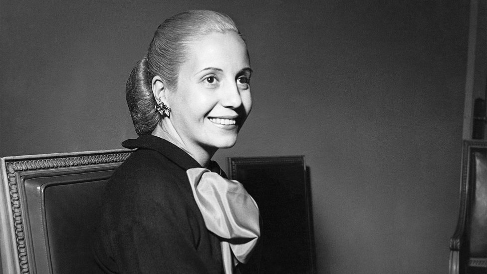 Black-and-white photo of Eva Perón smiling (Credit: Getty Images)