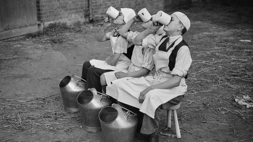 Children drinking milk after a milking session at a farm in Leicestershire, UK, in 1937 (Credit: Getty Images)