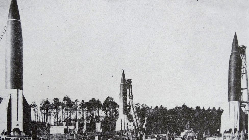 A grainy, black and white photograph of three v2 rockets (Credit: Getty Images)