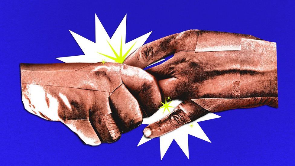 A cartoon explosion as knuckles are being cracked (Credit: BBC/ Serenity Strull/ Getty Images)