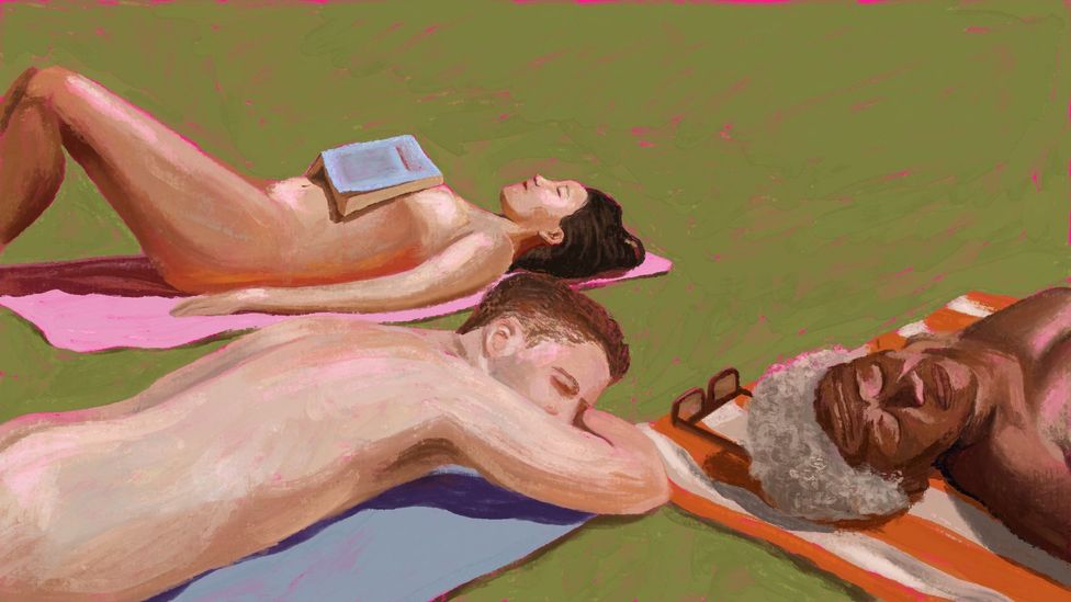 An illustration of three figures lying down sunbathing without tops on (Credit: Prashanti Aswani)
