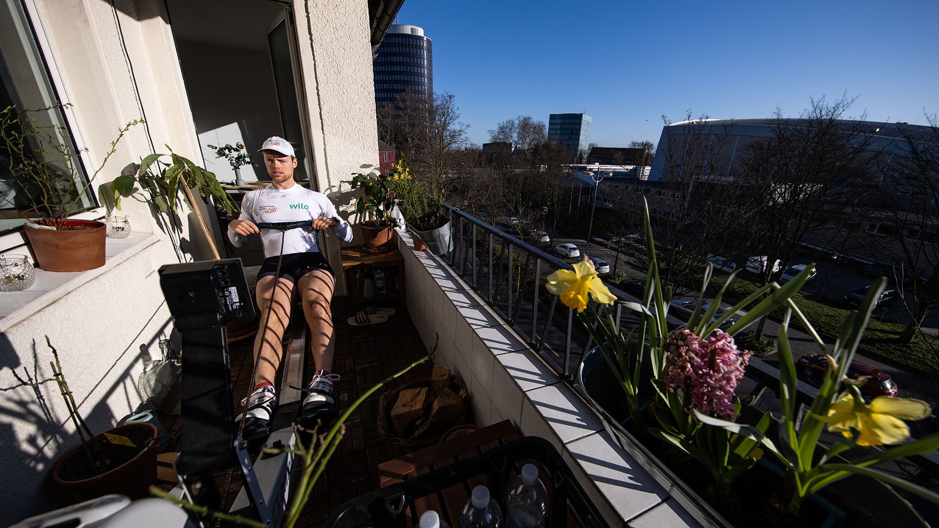 A German rower trains on his balcony in March in Dortmund, Germany (Credit: Getty Images)