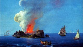 A painting from the time depicts the formation of the island known variously as Ferdinandea, Graham Island or Julia off the coast of Sicily (Credit: Getty Images)