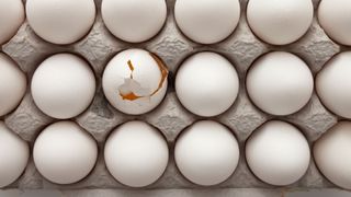 One broken egg in a box surrounded by unbroken eggs (Credit: Getty Images)